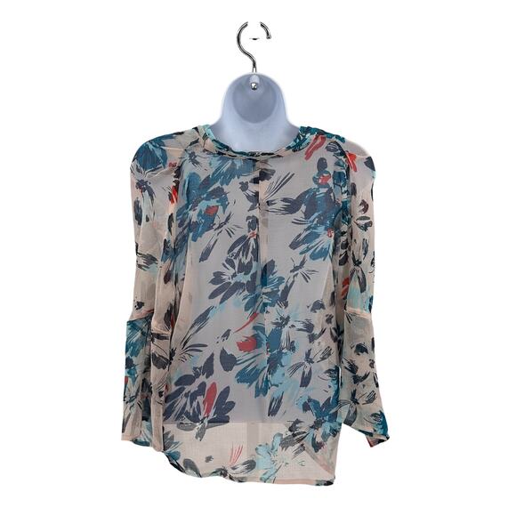 Chelsea 28 Pink Teal Floral Sheer Blouse Womens XS 3/4 Sleeve V-Neck Wrap Front - Picture 3 of 6